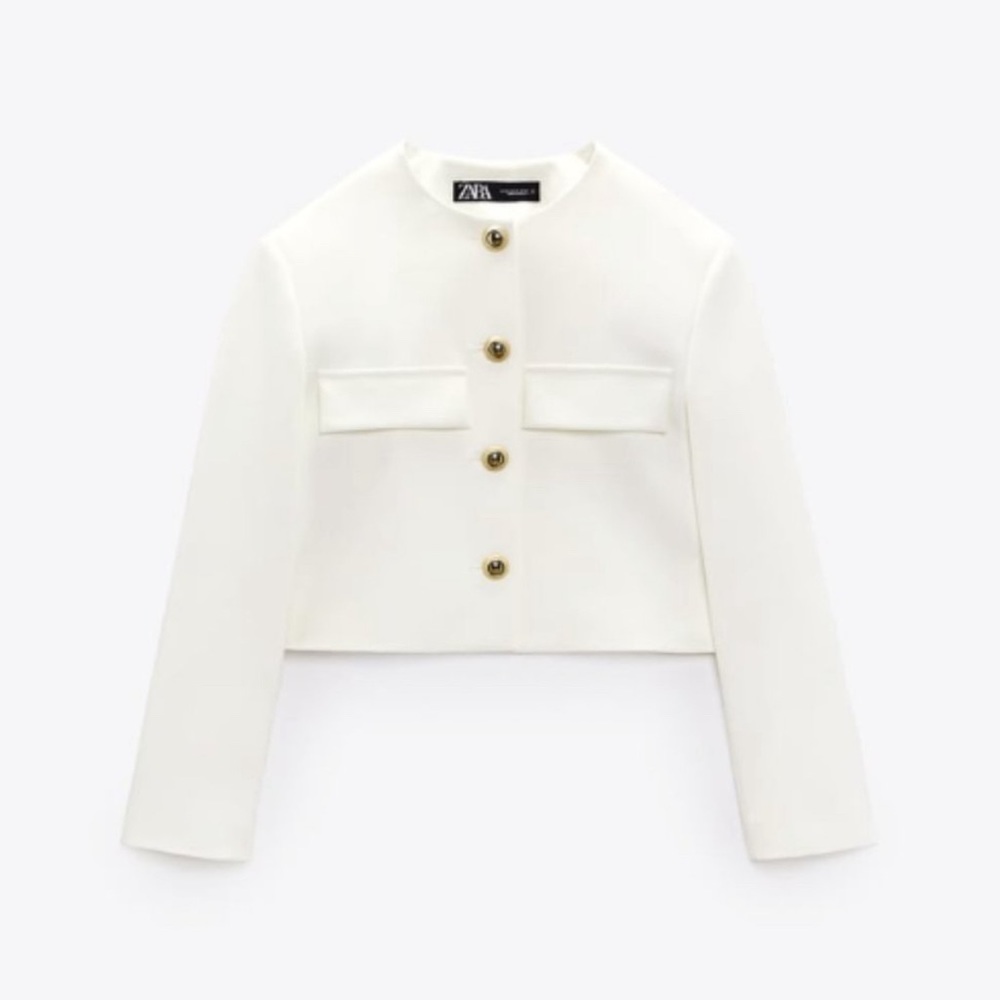 ZARA WHITE CROPPED BLAZER WITH GOLD BUTTONS